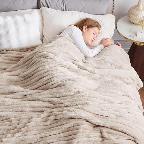 NEWCOSPLAY Fleece Ribbed Cozy Queen Blanket for Couch, Linen, 90"x90" | Premium Silky Flannel Blanket, Soft Lightweight Fluffy Throw Blanket for Bed Sofa Decor, Gift for All Season Use thumbnail 4