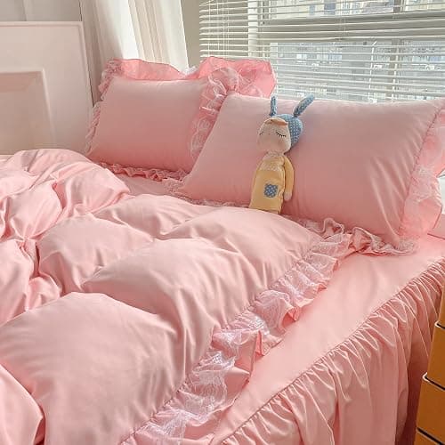 MOOWOO Chic Ruffle Lace Polyester Duvet Cover Set -Girl Pink Bedding-2 Piece Twin Duvet Cover with Zipper Closure -Ultra Soft and Light Weight (Pink, Twin)-NO Including Comforter thumbnail 4