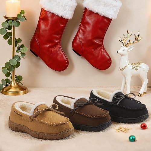 Bigwow Boys Moccasin Slippers Memory Foam Suede House Slippers Non-Slip Indoor Outdoor Winter Fuzzy Shoes for Toddler Kids thumbnail 4