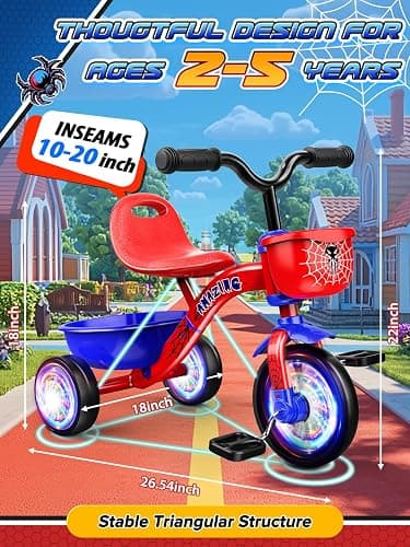 Tricycle for Toddlers 1-3 3-5 Year Olds, Spider Toddler Bike Baby Balance Bike with Colorful Lighting Wheels & Large Basket, Birthday Gift and Toy for 1 2 3 4 5 Year Olds Boys and Girls thumbnail 6