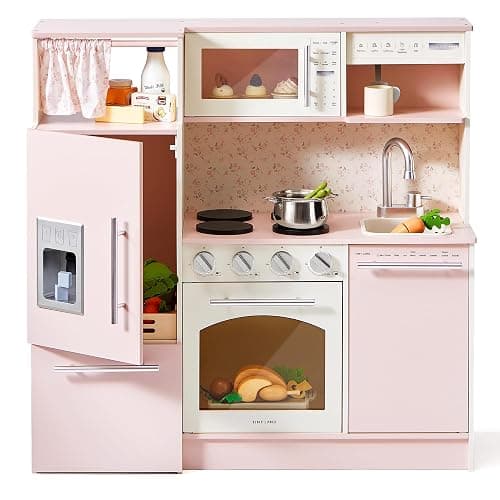 Tiny Land Play Kitchen for Kids, Upgraded Wooden Kitchen Toy with Complete Play Areas, Pretend Cooking Set with Sink, Stove, Microwave, Toy Coffee Station & Storage for Kids Ages 3+ - Image 1