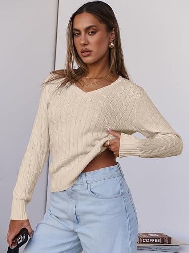 ANRABESS Womens Long Sleeve Cable Knit Sweater 2025 Fall Fashion V Neck Fitted Pullover Top Business Casual Work Fall Outfits thumbnail 5