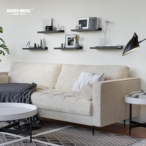 RICHER HOUSE 5 Set Floating Wall Mounted Shelves, Black Shelves for Wall Decor, Modern Picture Ledge Shelf with Lip for Storage, Nursery, Bedroom, Living Room, Bathroom - Black thumbnail 2