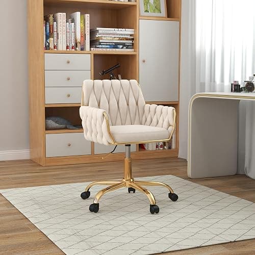 Gentlemoods Velvet Home Office Chair, Modern Height-Adjustable Vanity Chair with Golden Base and Hand-Woven Backrest for Bedroom/Study/Vanity (Beige) thumbnail 2