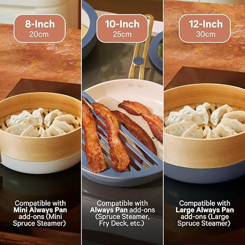 Our Place 8-Piece Essentials Complete Cookware Set - Ceramic Fry Pan Trio & Modular Rack Storage | Nontoxic Thermakind™ Nonstick, Oven Safe up to 450°F & Compatible with All Cooktops | Cream thumbnail 5