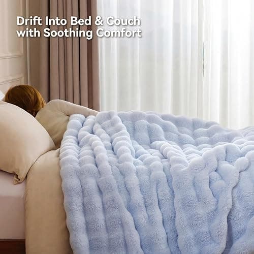 Smoofy Faux Fur Throw Blanket for Couch - Light Blue Super Soft Cozy Bubble Blanket, Fluffy Plush Fuzzy Throw for Sofa & Bed, Thick Lightweight Warm Blanket, Luxury Aesthetic Gift for Women 60"x80" thumbnail 5