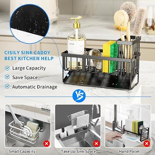 Cisily Kitchen Sink Caddy Organzier with High Brush Holder, Sponge Holder for Sink, 304 Rustproof Stainless, Kitchen Countertop Soap Dispenser Organizer, Kitchen Decor and Accessories (Black) thumbnail 5