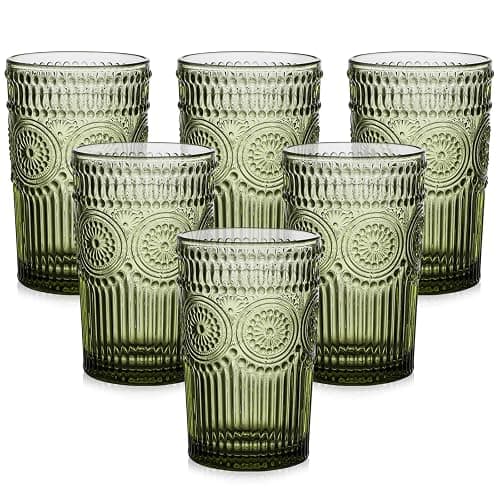ZMOWIPDL Vintage Glassware Drinking Glasses Set of 6,13 oz Green Textured Flower Design Glass Water Tumblers,Embossed Striped Drinkware for Water,Cocktails,Juice,Iced Coffee - Image 1