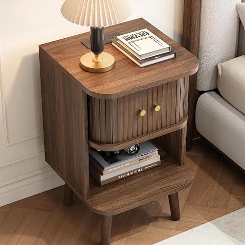 Decofy Fluted Nightstand Set of 2, Mid Century Modern Bedside Table with Charging Station, Walnut End Tables with Sliding Tambour Doors, Storage Cabinet and Open Shelf for Bedroom, Walnut thumbnail 6