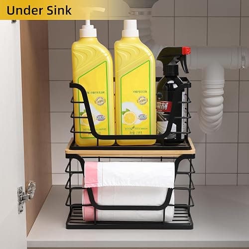 ALOCEO 2 Pack Storage Stackable Kitchen Laundry Organizers with Bamboo Top, Large Trash Bag Holder and Small Garbage Bag Dispenser for Countertop Organization thumbnail 2