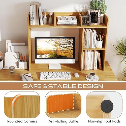 Tangkula Desktop Bookshelf, Countertop Storage Hutch with Shelves for Computer Desk, Desk 3-Tier Display Rack, Multipurpose Wood Desktop Hutch Storage Organizer for Dorm Office thumbnail 7