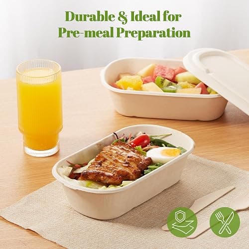 [100% Eco-Friendly] 34 oz Disposable Food Containers with Lids – Sugarcane Pulp Take Out Containers, Biodegradable Lunch Box, Compostable and Microwave Safe To-Go Boxes for Meal Prep – Pack of 50 thumbnail 2