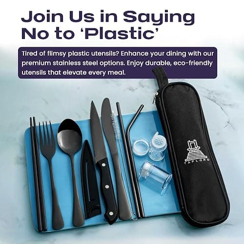 Taplord Portable Travel Silverware Set With Case, Includes 10 Pcs of Travel Utensils With Case, Stainless Steel Flatware Set For Camping, Lightweight (Black) thumbnail 4