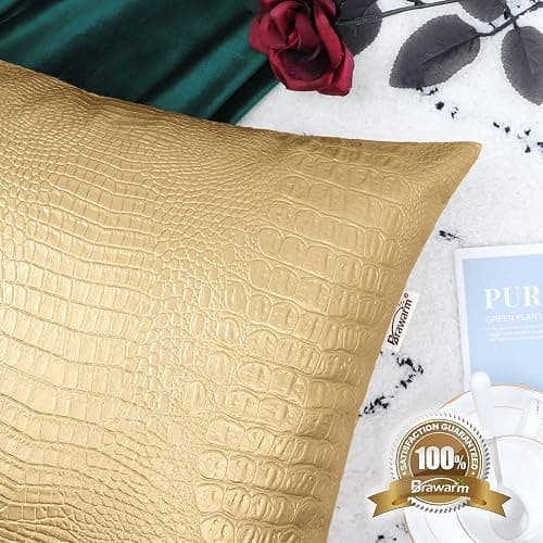 BRAWARM Faux Leather Pillow Covers 20 X 20 Inches, Gold Leather Pillow Covers Pack of 2, Crocodile Leather Decorative Throw Pillows for Living Room Couch Bed Sofa Home thumbnail 5