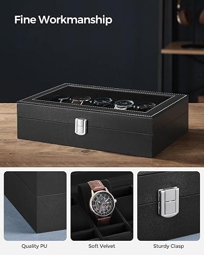 SONGMICS Watch Box, 12-Slot Watch Case with Large Glass Lid, Removable Watch Pillows, Watch Box Organizer, Gift for Loved Ones, Black Synthetic Leather, Christmas Gift, Black Lining UJWB012B01 thumbnail 4