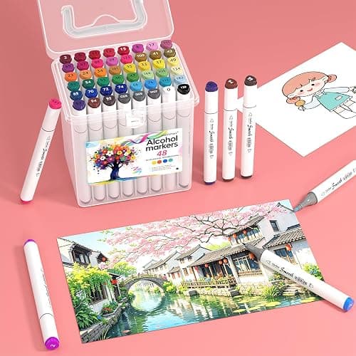 HaPi.Pen Alcohol Markers, 48 Colors Dual Tip Art Coloring Markers for Adult Coloring Books, Drawing, Sketching, Painting Supplies, Alcohol Based with Carrying Case thumbnail 6