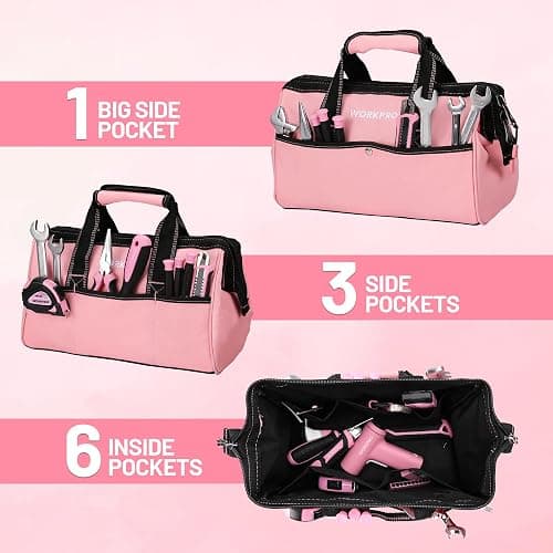 WORKPRO 13-Inch Tool Bag, Pink Soft Cloth Tool Storage Bags, Wide Mouth Tool Tote Bag with Inside Pockets - Pink Ribbon thumbnail 5