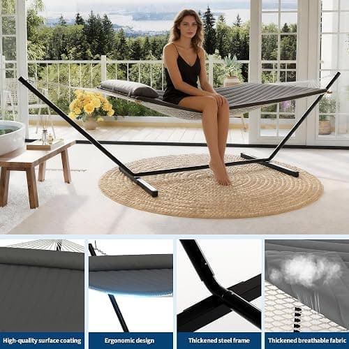 Garvee 2 Person Portable Double Hammock for Outdoor with Pillow, Heavy Duty Portable Hammock with Adjustable Steel Stand for Patio, Garden, Beach, Backyard thumbnail 3