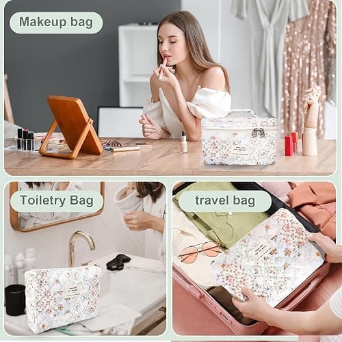 GISMTR 3Pcs Cotton Quilted Makeup Bag Large Travel Cosmetic Bag Coquette Makeup Pouch Cute Aesthetic Floral Toiletry Bag for Women Girls (flower-U) - flower-U thumbnail 3