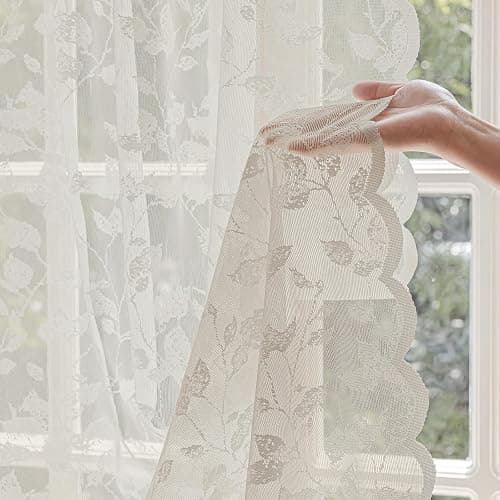 Rinwoc Beige Lace Sheer Curtains – Vintage Leaves Pattern Lace Curtains for Living Room/Bedroom, Light Filtering Modern Privacy Light Filtering Rod Pocket Window Drapes, 52W x 63L Inch, 2 Panels thumbnail 5