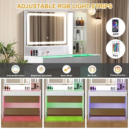 Cielozen Vanity Desk,Makeup Vanity Desk with Mirror and Lights,Transparent Top with LED Multiple Color Lights,Mirror 3 Color Modes 2 Drawers,Power Outlet,Dressing Table for Girls Bedroom,White thumbnail 4