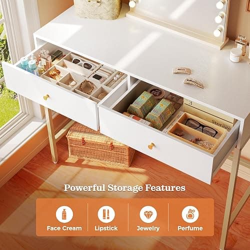 SUPERJARE 31.5" White and Gold Desk with 2 Drawers, Modern Vanity Desk, Small Makeup Table for Home Office Writing Study Bedroom thumbnail 4
