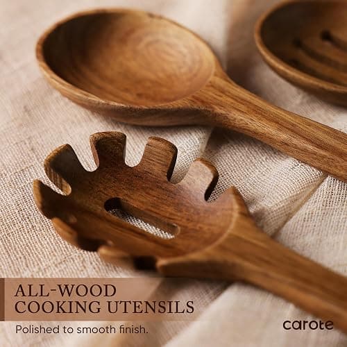 CAROTE Wooden Kitchen Utensils Set, Acacia Wood 8pcs Cooking Utensil Set for Nonstick Cookware, Long-lasting Wooden Spoons for Cooking, Spatula, Turner thumbnail 3