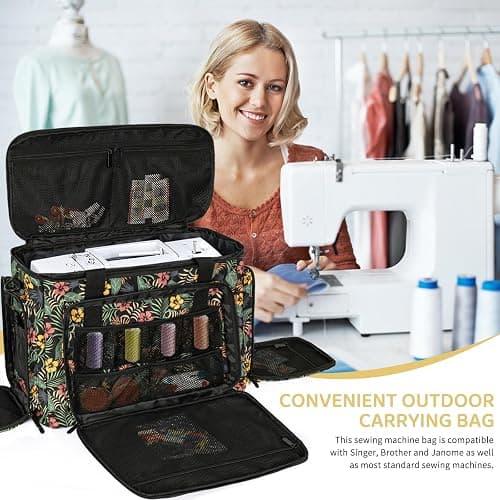 ITHWIU Sewing Machine Case with Wheels, Universal Rolling Trolley Tote with Shoulder Strap & Multiple Storage Pockets Compatible with Most Standard Singer, Brother, Janome, Floral thumbnail 4