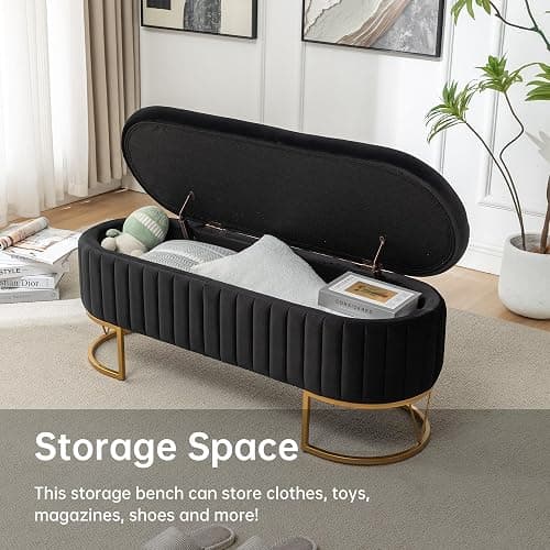 DRKAT Storage Bench Bedroom Bench, Velvet Oval Upholstered End of Bed Bench with Golden Metal Legs, 46” Modern Storage Ottoman Bench for Bedroom, Living Room, Entryway, Window, Black - Black - No button tufted thumbnail 5