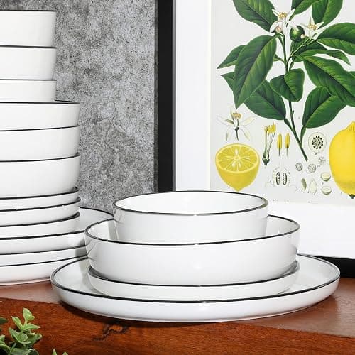 Gibson Home Oslo 16 Piece Porcelain Dinnerware Set,White w/Black Rim Rim, Service for 4 (16pcs) thumbnail 5