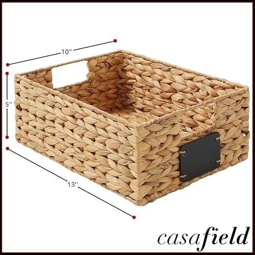 Casafield Set of 4 Water Hyacinth Pantry Baskets, 10" x 13" x 5", with Chalkboard Labels and Chalk Marker - Natural, Woven Storage Bin Organizers for Kitchen Shelves thumbnail 3