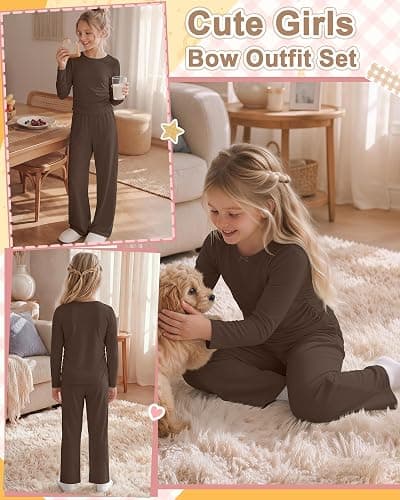 Custoneei Girls' 2 Piece Outfits 5-14Y Cute Sets | Tween Girls Casual Cute Sets, Teens Sweat Suits, Kid Long Sleeve Crew Neck Bow Top, Wide Leg Pants, Lightweight Fall Winter thumbnail 5