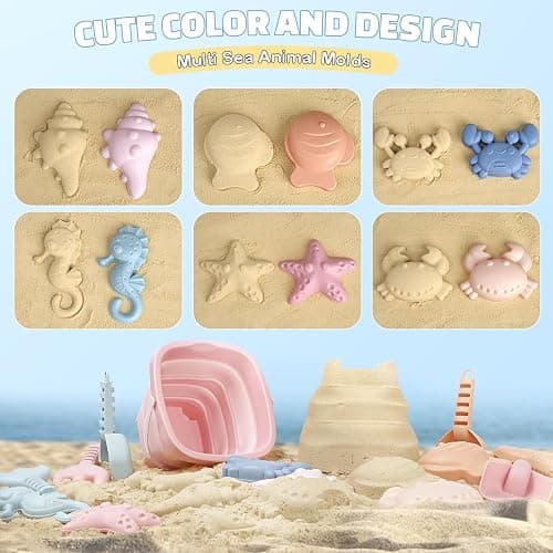 Dreamon Beach Toys Set for Kids 3-10, Collapsible Sand Buckets with Beach Molds and Mesh Bag, 3 Pack Shovels Set Sand Toys for Beach, Sandbox Travel Toys for Toddlers Kids thumbnail 5