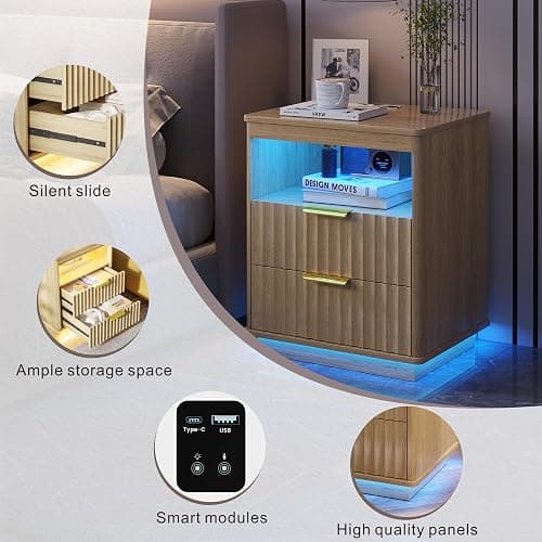 Dystler Nightstand with LED Light and Charging Station for Bedroom, Wood | 2 Drawers, Open storage space, Smart Bedside Table, Human Sensor, Modern thumbnail 3