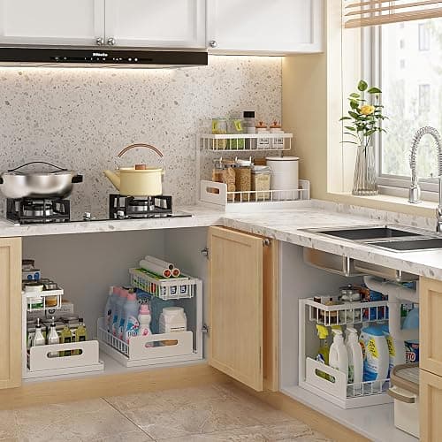 REALINN Under Sink Organizer, Pull Out Cabinet Organizer 2 Tier Slide Out Sink Shelf Cabinet Storage Shelves, Storage for Kitchen Bathroom, White, 2 Pack thumbnail 6
