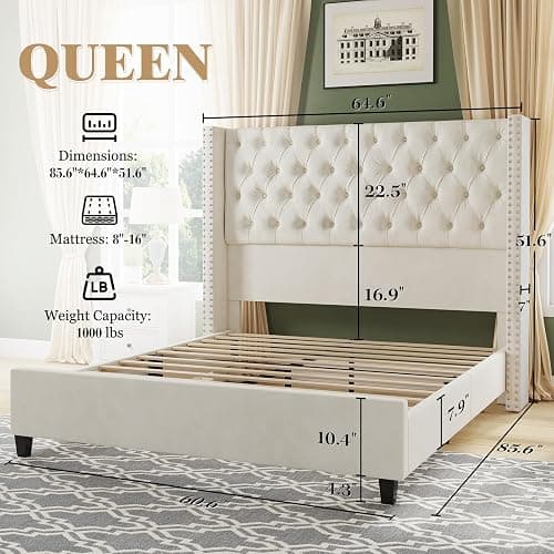 Jocisland Upholstered Bed Frame with Tall Headboard Wingback Platform Bed Tufted Deep Button Velvet/No Box Spring Needed/Easy Assembly (Cream, Queen) thumbnail 2