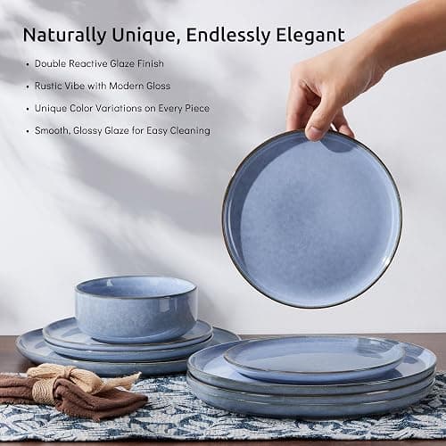 E-far 6-Piece Reactive Glaze Dinnerware Sets, Ceramic Dishes Set for 2, Stoneware Plates and Bowls Dinning Ware, Microwave & Dishwasher Safe - Ocean Blue thumbnail 6
