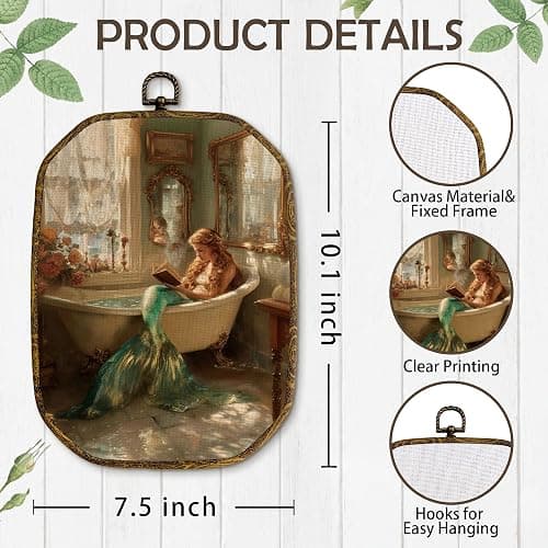 Yjeslw Vintage Mermaid Bathroom Octagon Wall Art Decor, Mermaid Bathtub Reading Framed Canvas Prints, Retro Whimsical Ocean Mythology Wall Hanging Decorations for Bedroom Bathroom Decor, 10.2x7 Inches thumbnail 7