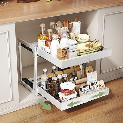 2 Tier Pull Out Cabinet Organizer ,Adjustable Width & Height, Expandable Pull-Out Drawers For Cabinets, Slide Out Shelves for Kitchen Cabinets / Countertop / Pantry,Heavy-Duty & Easy to Install(White) - Image 1