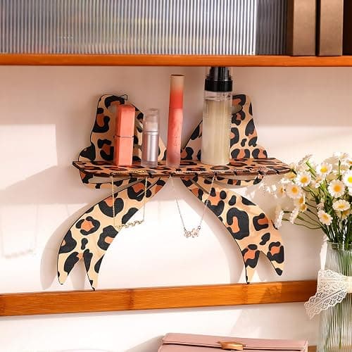 Pinkunn 2 Pcs Leopard Bow Wall Shelves Brown Cheetah Floating Crystal Display Rack with Screws Wooden Decorative Shelves Wall Mount Rustic Home Decor for Crystals Stone Sundries Storage thumbnail 4