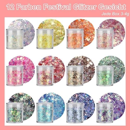 12 Farben Festival Glitzer Gesicht, Fluoreszierender Body Glitter für Gesicht, Nägel, Augen, Haare - Chunky Sequin Glitzerpulver Set für Karneval, Fasching, Halloween, Partys und DIY Handwerk thumbnail 2