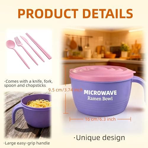 Layron Ramen Cooker Bowl - 45 oz Microwaveable Noodle Bowl Ramen in few Minutes- BPA Free and Dishwasher Safe Set with Chopsticks Perfect for Dorm, Small Kitchen, or Officee (purple) thumbnail 3