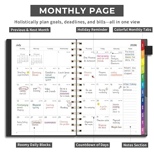 EMSHOI Academic Planner 2026-2027, Weekly and Monthly Calendar (July 2026 - June 2027), School Student Teacher Agenda Book, 100GSM Paper, PVC Cover, Colorful Tabs, A5 (6.38" x 8.35"), Black thumbnail 4