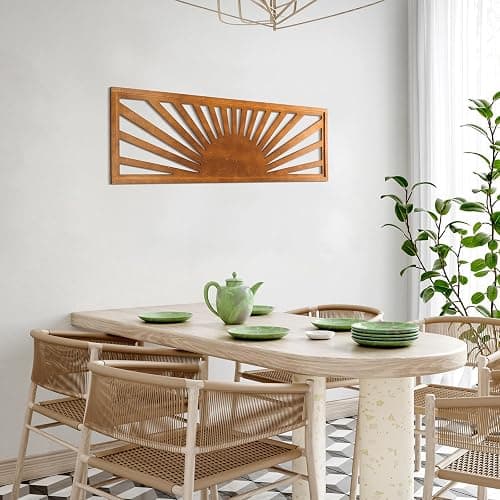 Burbell Sun Wall Art Decor 35'' x 12'' Large Boho Sun Wall Decor Wooden Horizontal Vintage Bohemian Hanging Rectangle Panoramic Above Bed Decoration for Bedroom Home(Dark Brown) thumbnail 6