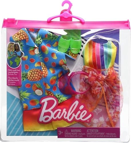 Barbie & Ken Fashions 2-Pack Clothing & Accessories Set, 1 Swimsuit, Sarong & Visor for Barbie Doll & 1 Tropical Shirt, Swimsuit & Shoes for Ken Doll thumbnail 2