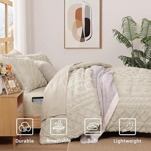 Queen Size Comforter Set- 7 Pieces Tufted Bed in a Bag Queen Bedding Sets | All Season Shabby Chic Boho Bedding with Comforter, Sheets, Pillowcases & Shams, Beige thumbnail 4