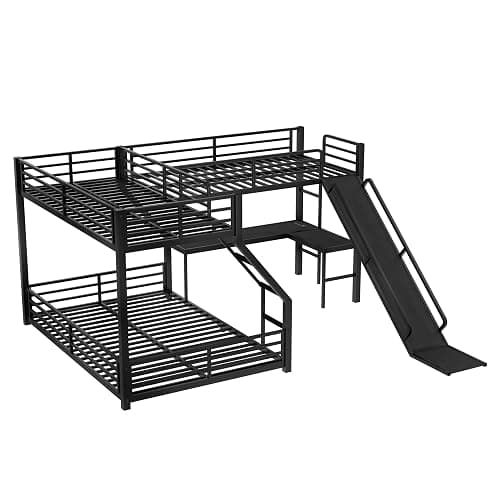Bellemave Triple Bunk Beds, L-Shape Twin XL Over Queen Bunk Bed Attached a Loft Bed with Desk, Triple Bunk Bed with Slide and USB Ports, Metal Corner Bunkbed Frame for Three Boys Girls Teens, Black thumbnail 5