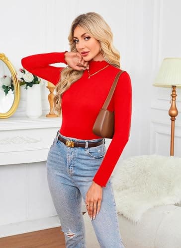 Herou 2 Pack Women Lettuce Trim Ribbed Knit Long Sleeve Top Mock Neck Basic Layer Tops Turtleneck Thermal Underwear Tops thumbnail 2