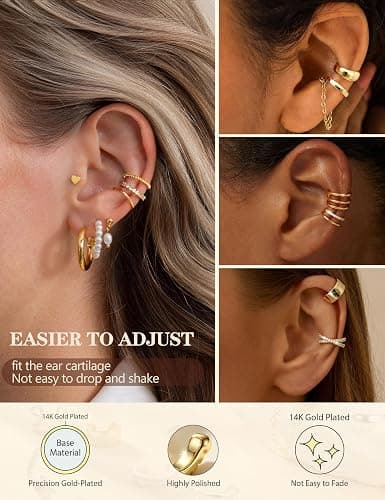 LOLIAS 12Pcs Ear Cuffs Non Piercing - 14K Gold Plated Ear Cuff Earrings for Women Adjustable Earring Cuffs for Non Pierced Ears Clip on Cartilage Earring Fake Earrings Set thumbnail 2