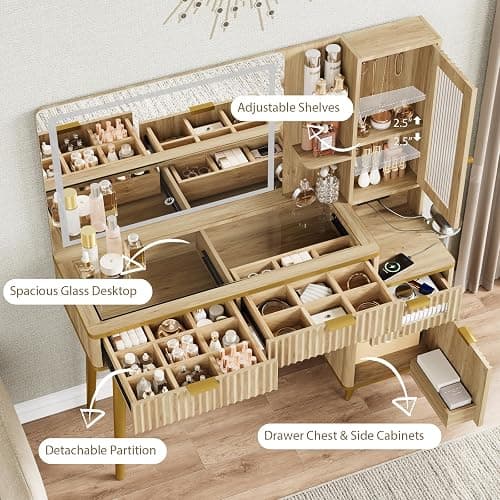 QUW Fluted Makeup Vanity Desk with Mirror and Lighits, 48" Modern Glass Top Vanity Table with Charging Station, Vanity Mirror with Adjustable Brightness, Dressing Table for Bedroom, Natural Oak thumbnail 6